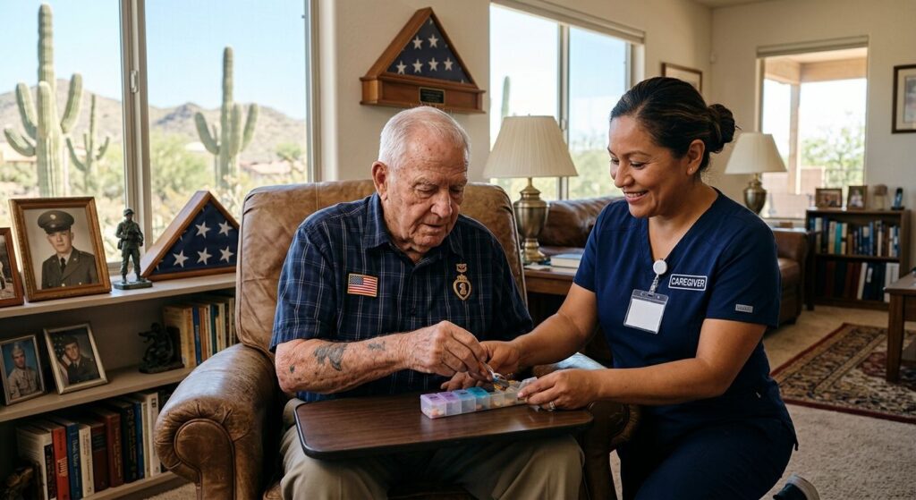 Professional image of home health aide assisting elderly veteran with medication in sunlit Arizona living room with desert view