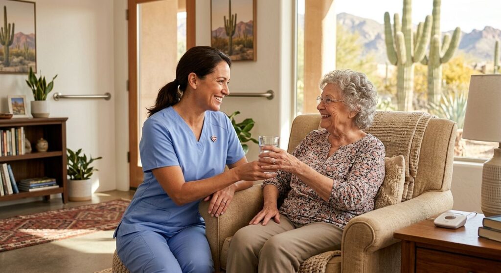 Compassionate licensed caregiver in light blue uniform assisting smiling senior woman with hydration in cozy Arizona home with desert view