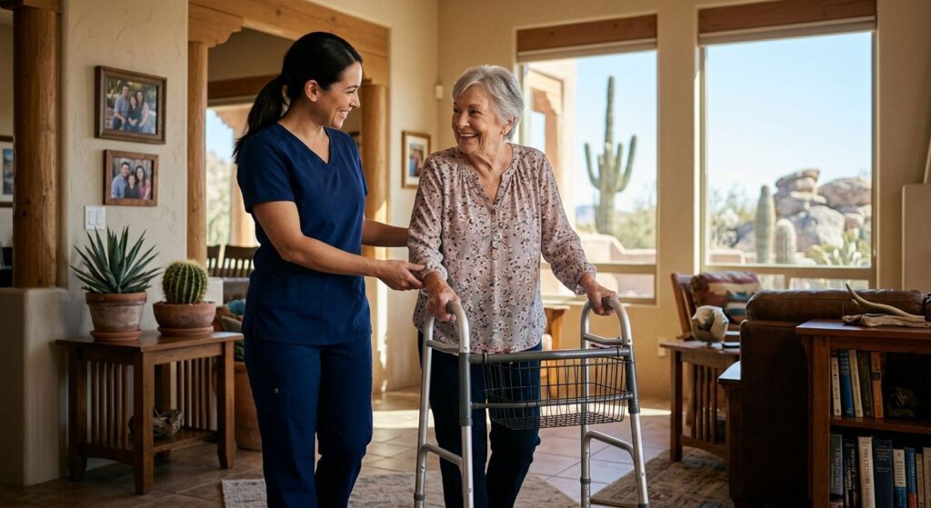 Compassionate live-in caregiver assisting smiling senior woman with walker in cozy Arizona home living room with desert view