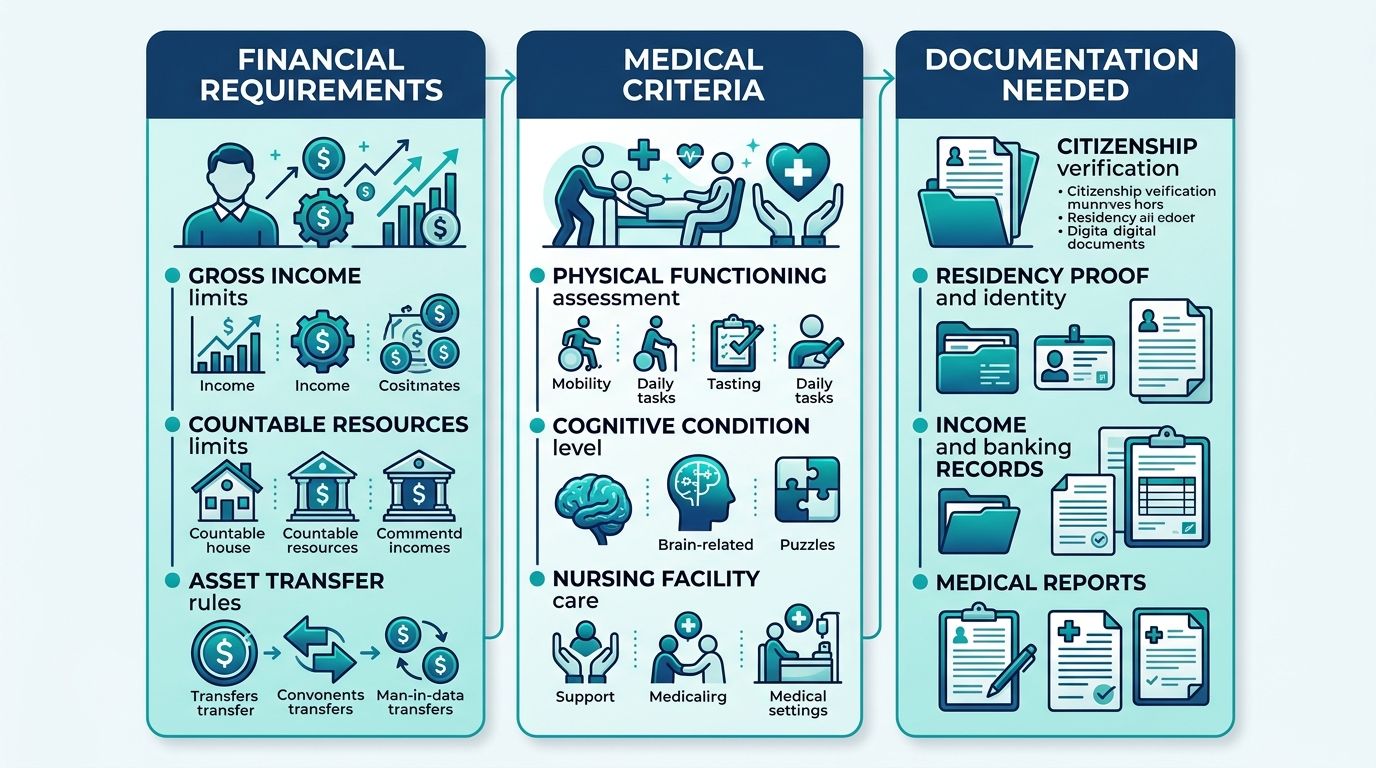 Infographic showing the three pillars of ALTCS eligibility: financial requirements, medical criteria, and documentation needed for Arizona applicants.