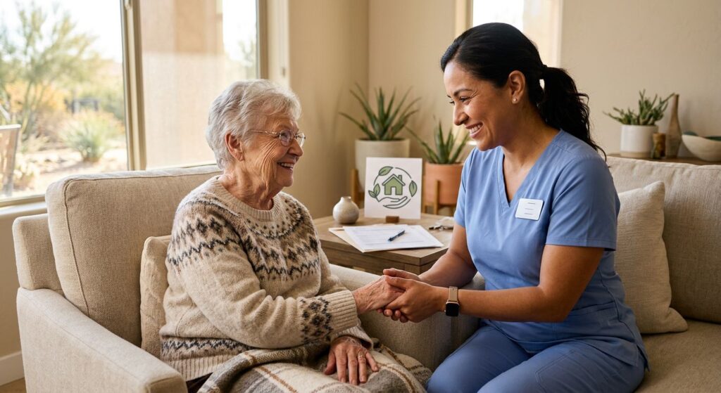 Compassionate caregiver assisting an elderly person in a bright Arizona living room, with subtle hints of insurance paperwork in the background, emphasizing trust and home care funding options.