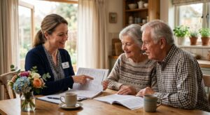 Care coordinator assisting elderly couple with ALTCS application at kitchen table, warm home setting