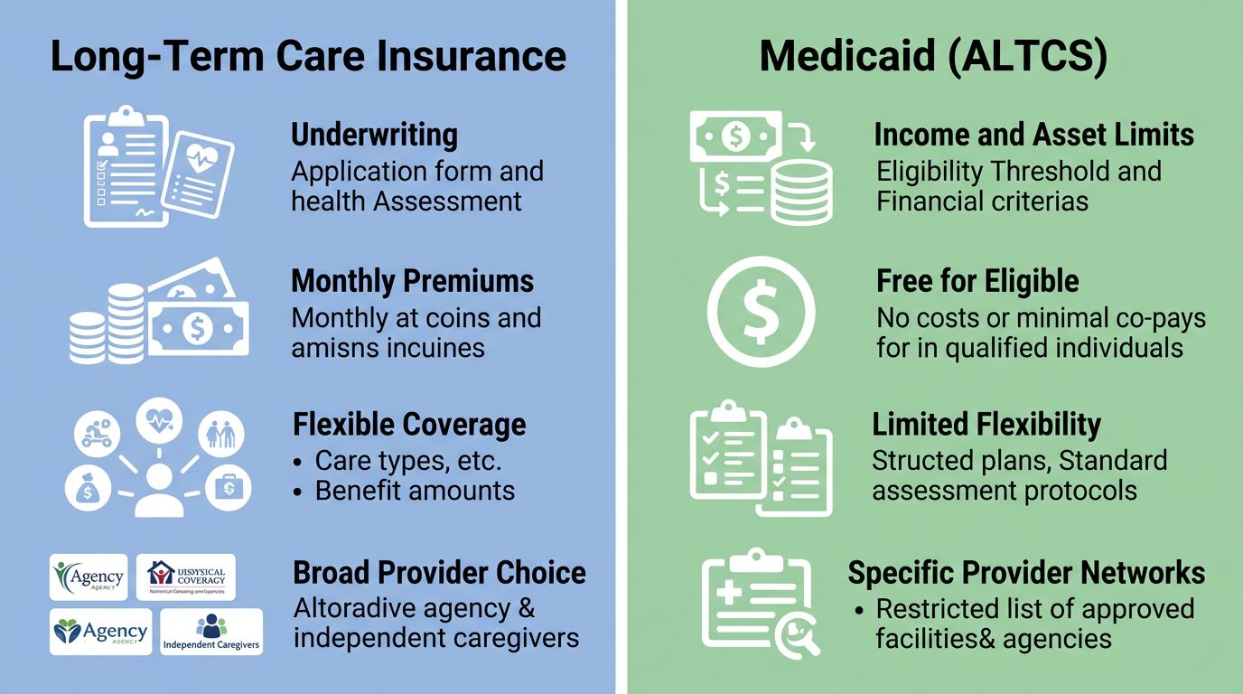 Two-column comparison infographic of Long-Term Care Insurance and Medicaid (ALTCS) for home care, featuring icons and minimal labels on soft blue and green backgrounds.