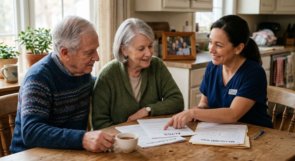 Senior couple reviewing Medicaid paperwork with a caregiver at a kitchen table in a warm, homey setting