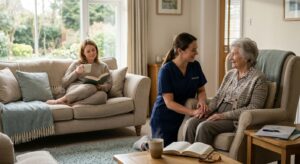 Professional respite caregiver in uniform gently engaging with elderly woman in comfortable chair while family caregiver relaxes in sunlit living room