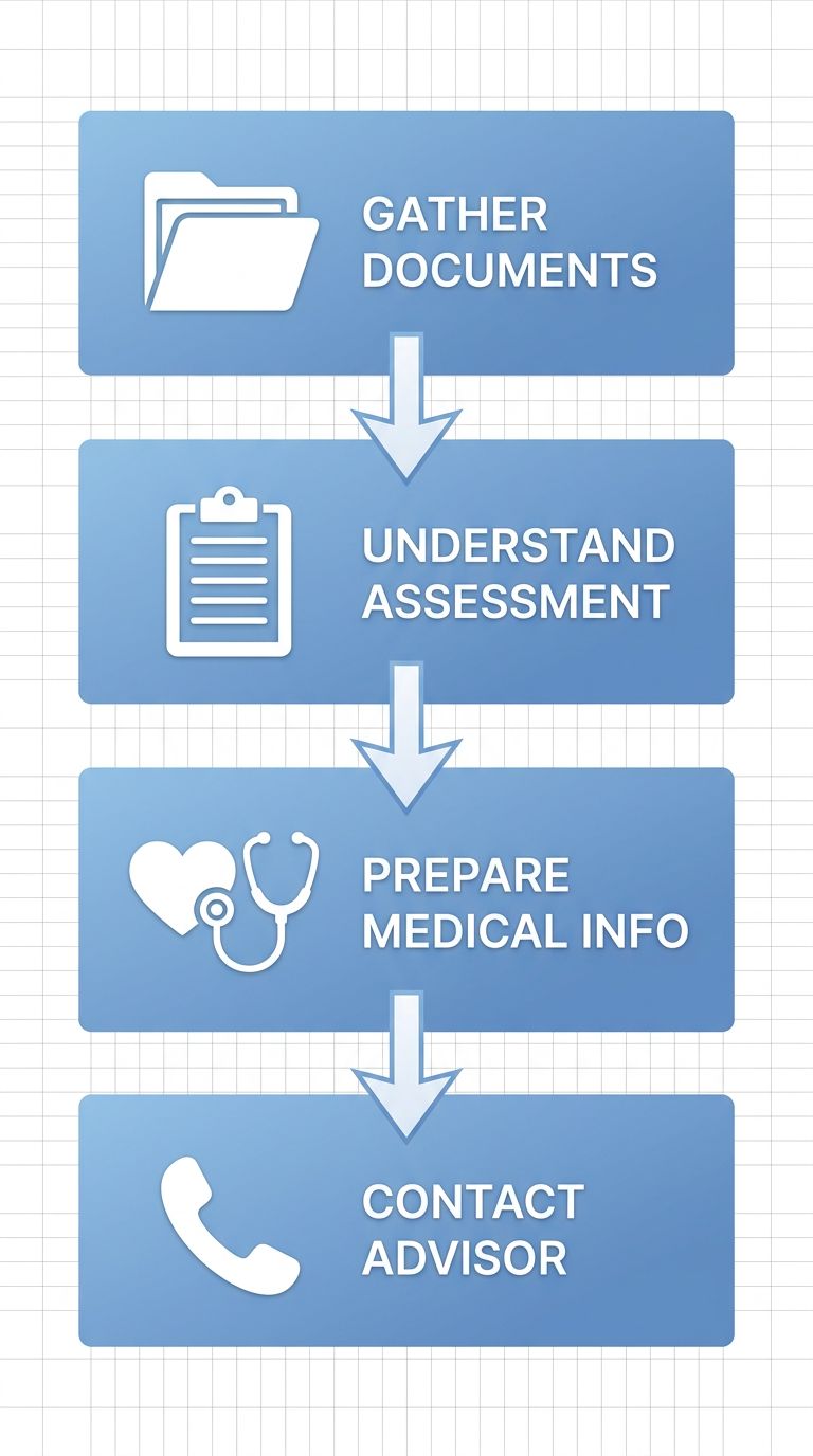 Four-step vertical process diagram showing ALTCS application preparation steps: Gather Documents, Understand Assessment, Prepare Medical Info, and Contact Advisor, with icons on a blue gradient background.